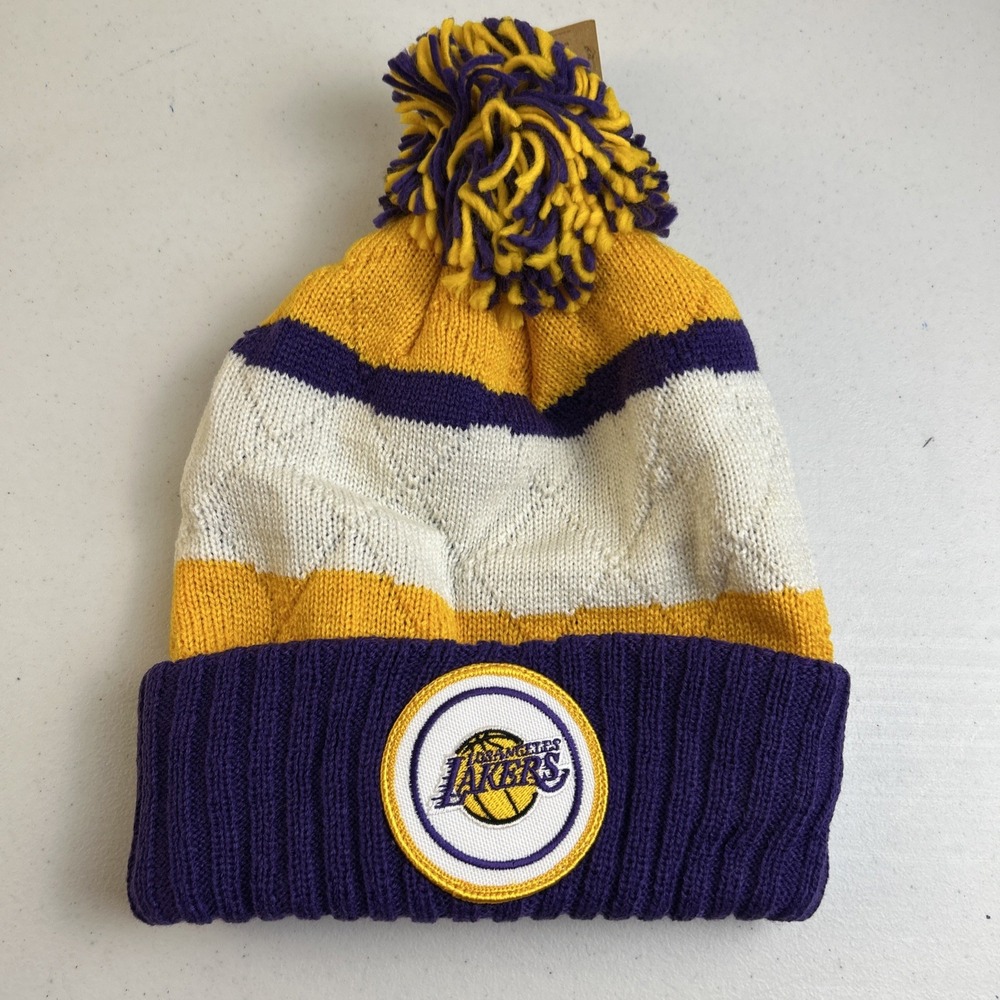 NWT Los‎ Angeles Lakers Quilted Pom/Cuffed Knit Mitchell & Ness Hat - Osfa